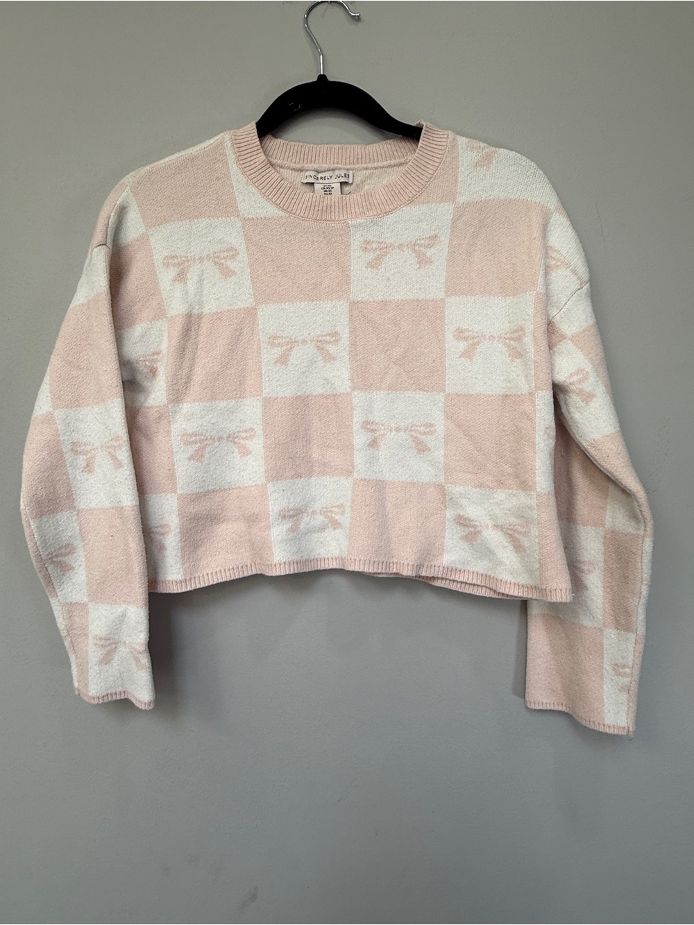 Sincerly Jules Pink & White Checked Bow Cropped Crew Sweater